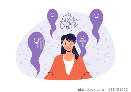 Mental health problem web concept with flat cartoon people for website design. Woman feeling worried thoughts and frustration, upset and sad mind, needing psychotherapy therapy. Vector illustration. 121431432