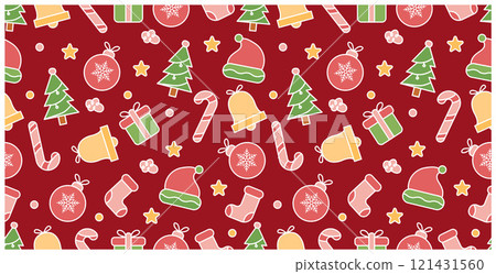 Seamless Christmas Pattern with Colorful White Icons on Red Background Seamless Christmas Pattern with Colorful White Icons on Red Background 121431560