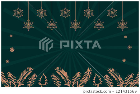 Green Christmas Background with Gold Leaves and Stars Hanging Decoration - Vector Illustration 121431569
