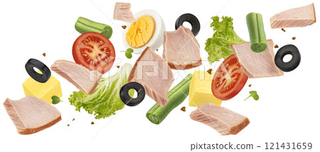 Falling Nicoise salad ingredients isolated on white background with clipping path, package design element 121431659