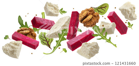 Beetroot salad with goat cheese and arugula leaves isolated on white background with clipping path, package design element Beetroot salad with goat cheese and arugula leaves isolated on white background with clipping path, package design element 121431660