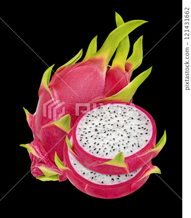 Dragon fruit isolated on black background, package design element 121431662