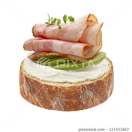 Bread slice with bacon isolated on white background with clipping path, package design element 121431667