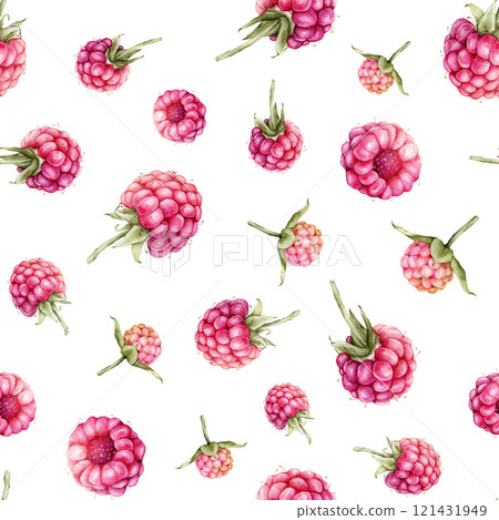 Watercolor seamless pattern with Raspberries and blackberries. Hand drawing illustration red berries. Graphic design element isolated on white background. 121431949