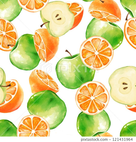 Seamless pattern with fruits. Oranges and green apples. Hand drawn background. 121431964