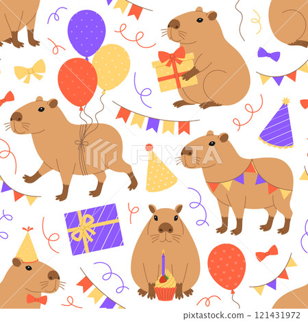 Seamless pattern with funny festive capybaras, gifts, balloons, party hats, garlands, bows and cupcake on white. Cute birthday capibaras. Vector flat illustration for wallpaper, textile, packaging 121431972