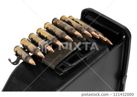 5.56 mm ammunition belt with cartridges in ammunition box 5.56 mm ammunition belt with cartridges in ammunition box 121432000