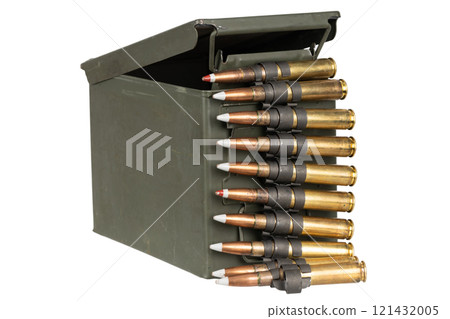 .50 BMG caliber machine gun ammunition belt with cartridges in ammunition can. 121432005