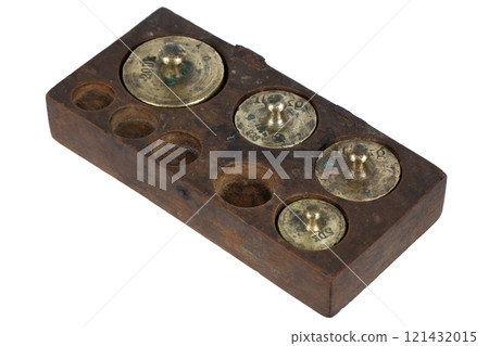 Vintage wooden box with scale weights set on white Vintage wooden box with scale weights set on white 121432015