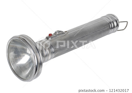 retro vintage battery powered flashlight isolated on white 121432017