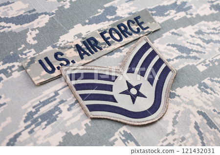 US AIR FORCE branch tape and Staff Sergeant rank patch on digital tiger stripe pattern Airman Battle Uniform 121432031
