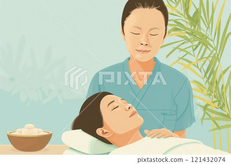 Enjoying a Tranquil Massage Experience in a Serene Spa Beauty Salon with Eyes Closed 121432074