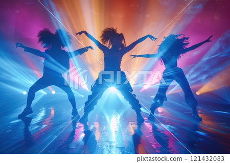 Colorful stage lights spotlight three dancers at night club disco party showtime concept 121432083
