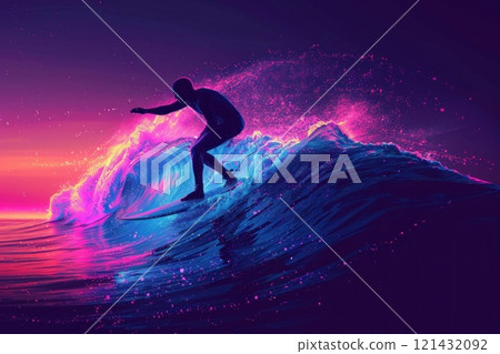 Silhouette of a surfer riding a massive wave at sunset with a vibrant and colorful sky Silhouette of a surfer riding a massive wave at sunset with a vibrant and colorful sky 121432092