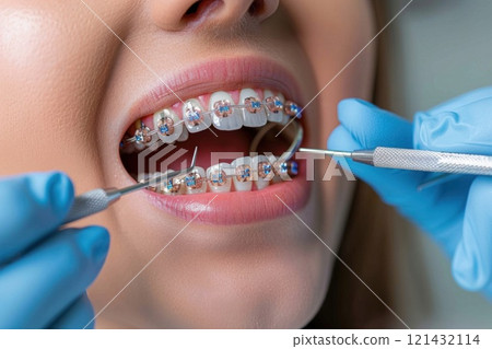 Close-up portrait of a smiling woman with metal braces on teeth, featuring light blue bands 121432114