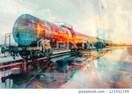 Industrial train car on tracks under cloudy sky with colorful sunlight reflections 121432149