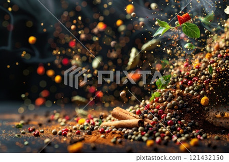 Colorful array of spices and seasonings floating in the air on dark backdrop 121432150