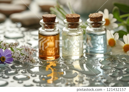 Three Bottles of Various Essential Oils with Chamomile Flowers on a Wet Wooden Table Surface Three Bottles of Various Essential Oils with Chamomile Flowers on a Wet Wooden Table Surface 121432157