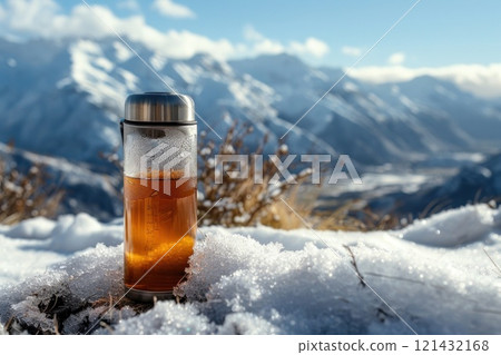 Beverage in a thermos bottle with snow-capped mountains in the background 121432168