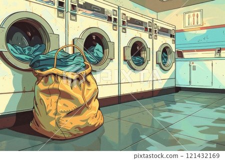 Laundromat interior with washing machines, dryer, clothes in basket, laundry service concept 121432169