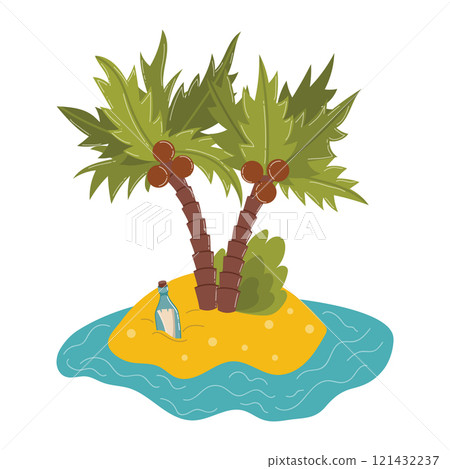 Cartoon Mysterious Island with Palm Trees and a Message in a Bottle. Sea Pirate Island. Cartoon Mysterious Island with Palm Trees and a Message in a Bottle. Sea Pirate Island. 121432237