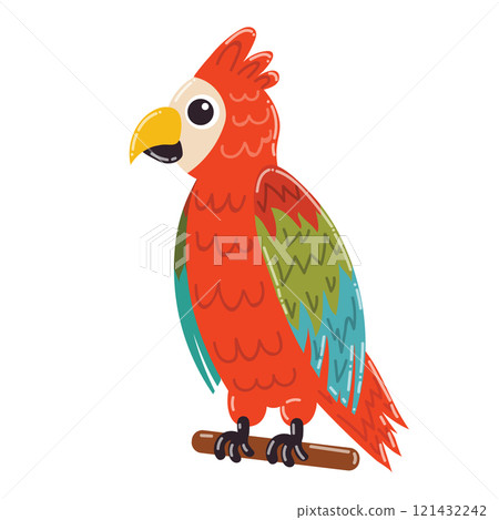 Cute cartoon red Macaw parrot sitting on the stick. Tropical parrot in flat style isolated on white background. 121432242