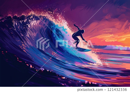 Surfer riding wave at sunset. Silhouette against colorful sky. Beach lifestyle concept. 121432336