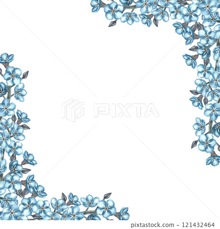 A frame of forget-me-nots flowers. A hand-drawn watercolor illustration in vintage style. Highlight it. For greeting cards and birthday or wedding invitations. For packaging, labels and posters. 121432464
