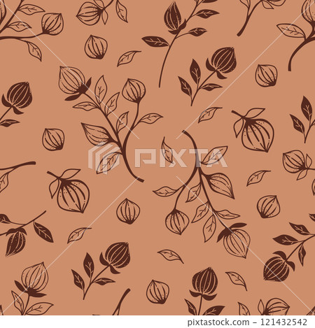 Seamless Pattern Hand Drawn Brown Flowers, Branches, and Leaves Botanical on Brown Background Seamless Pattern Hand Drawn Brown Flowers, Branches, and Leaves Botanical on Brown Background 121432542