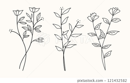 Botanical hand-drawn twigs and leaves vector collection	 121432582