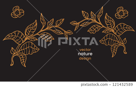 Vector Nature Set .Gold Line Art Design of Tea Tree and Bush isolated on black background Vector Nature Set .Gold Line Art Design of Tea Tree and Bush isolated on black background 121432589