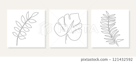 ne Line Monstera Leaf and Palm Tree Leaves .Modern Vector Art 121432592