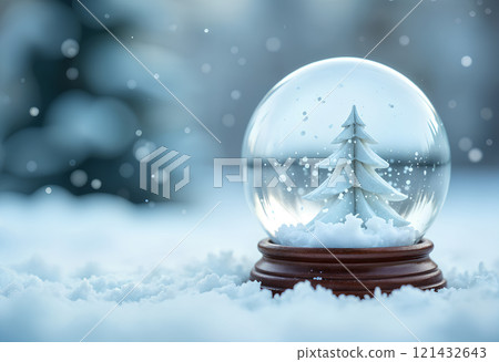 Blank transparent glowing blue snow globe with snowfall mockup. Blank transparent glowing blue snow globe with snowfall mockup. 121432643