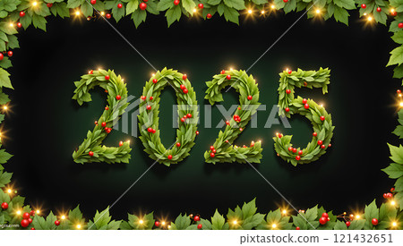 Decorative 2025 numbers, new year font mockup in darkness. 121432651