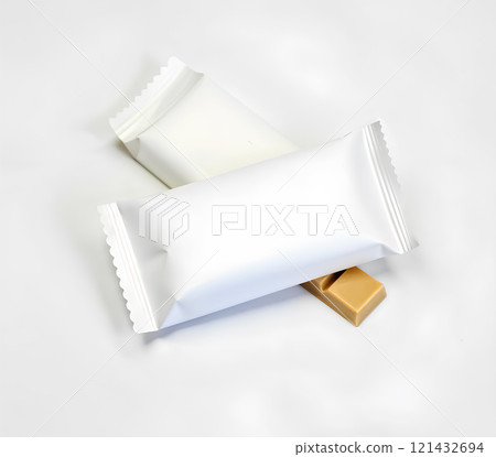 Blank white candy bar plastic wrap mockup isolated. Closed and opened chocolate bar packaging wrapper template. Choco factory logo candybar package mock up. Sweet pastry shop energy bar container. 121432694