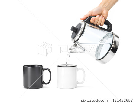 Blank black and white magic mug with hot teapot mockup. 121432698