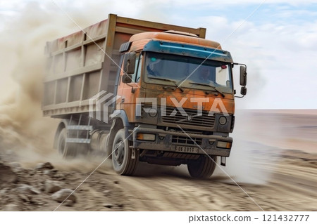 Rustic Dump Truck Drives Through Arid Desert Landscape Kicking Up a Huge Dust Cloud 121432777