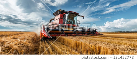 Modern Red Combine Harvester Harvesting Ripe Wheat in Sunny Field 121432778