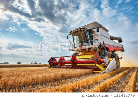 Modern combine harvester machine harvesting golden ripe wheat field under dramatic sky 121432779
