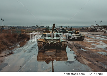 Three army tanks drive through a muddy field toward the camera lens. 121432800
