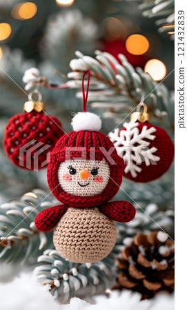 A beautifully crocheted snowman is hanging from a lovely christmas tree 121432839