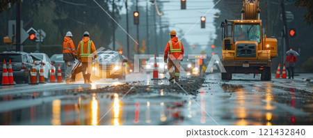 Road construction workers in yellow raincoats improving infrastructure during heavy rainstorm 121432840