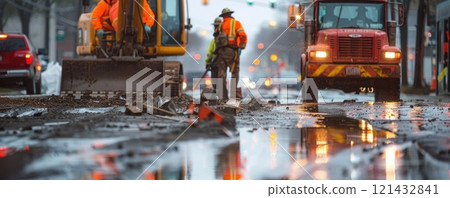 Two construction workers are working on a road repair project in the rain while traffic passes by. 121432841