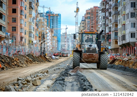 Grader working on road construction site with apartment buildings in background 121432842