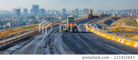 Road construction in the city with a beautiful skyline in the background 121432843