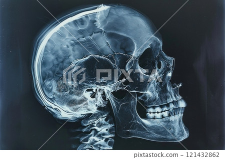 Human Skull Cross-Section with Brain, Eyes, Teeth, Spine on Black Background, Medical Illustration Human Skull Cross-Section with Brain, Eyes, Teeth, Spine on Black Background, Medical Illustration 121432862