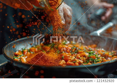 Experienced chef seasons food in sizzling pan with aromatic spices. 121432920