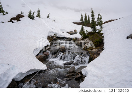 Snow-Covered Myrtle Falls Cascading Through Rocky Terrain with Evergreen Trees. 121432960
