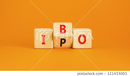 Initial public or bond offering symbol. Concept words abbreviation IPO or IBO on wooden block. Beautiful orange table orange background. Business Initial public or bond offering concept. Copy space. Initial public or bond offering symbol. Concept words abbreviation IPO or IBO on wooden block. Beautiful orange table orange background. Business Initial public or bond offering concept. Copy space. 121433003