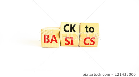 Back to basics symbol. Concept words Back to basics on wooden block. Beautiful white table white background. Business back to basics concept. Copy space. 121433006
